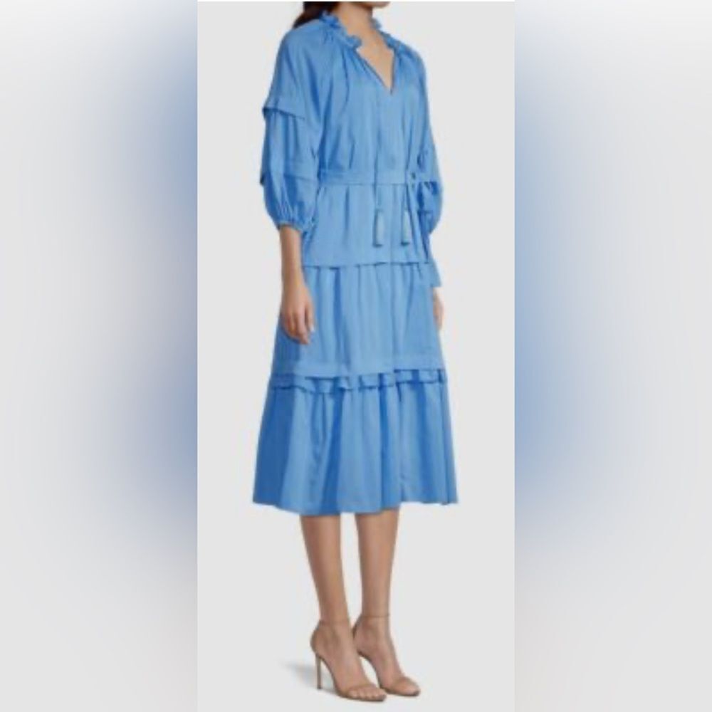 $498 Kobi Halperin Women's Blue Silk Tessa Tiered Tassels Midi A-Line Dress XS